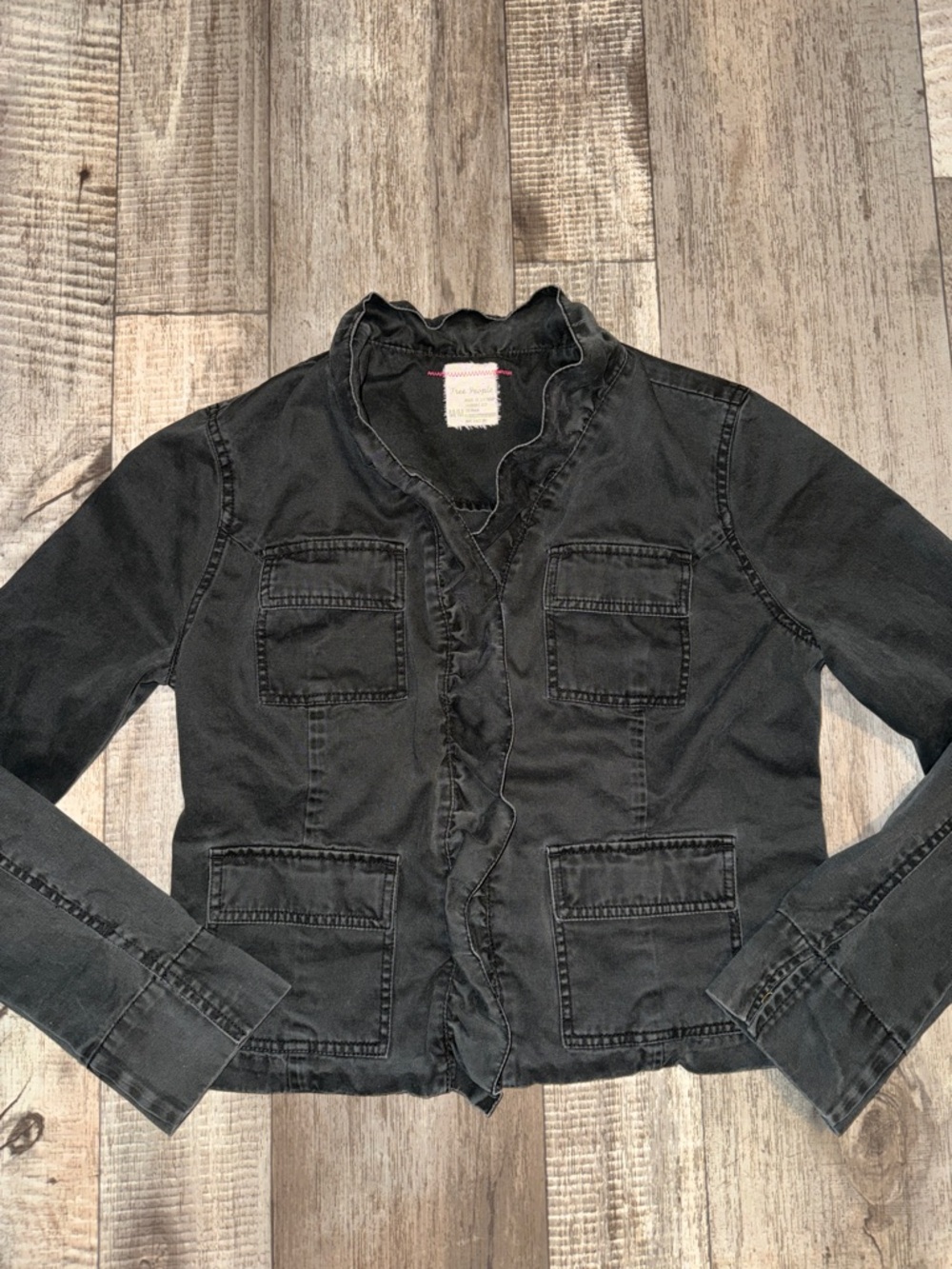 FREE PEOPLE  Black Ruffled Trim Jean Jacket-size M